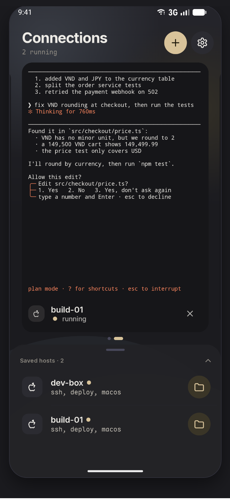 The Connections screen: a carousel of running sessions above a panel of saved machines.