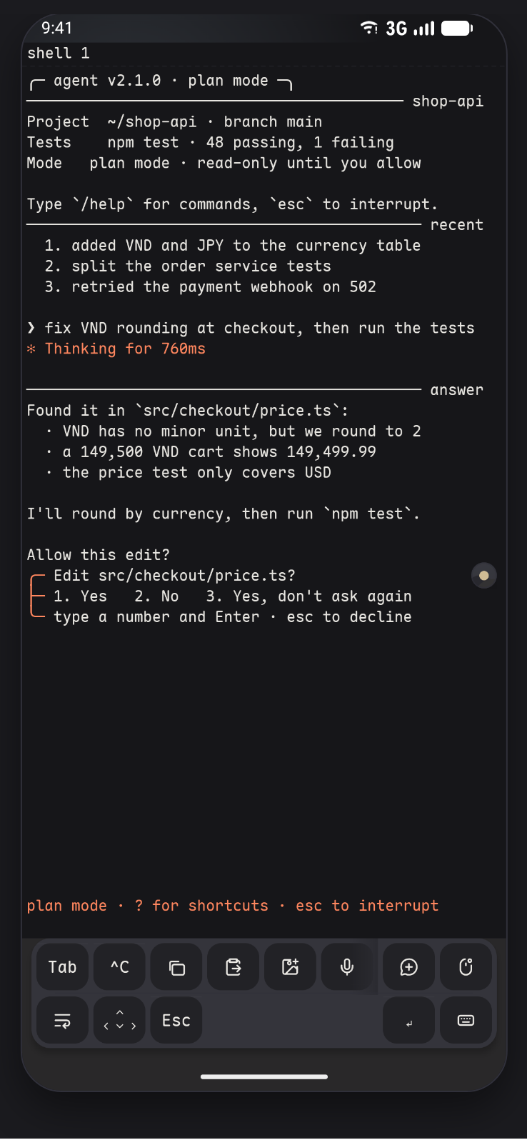 A terminal on the phone showing a coding agent that has stopped and is asking permission to edit a file, with the options numbered one, two and three.