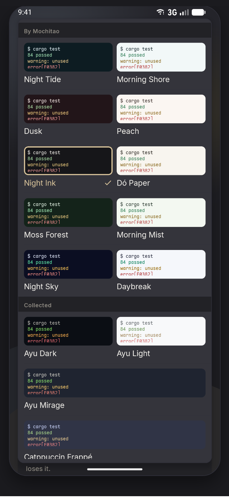A settings list of terminal palettes, each showing a preview of coloured terminal text.